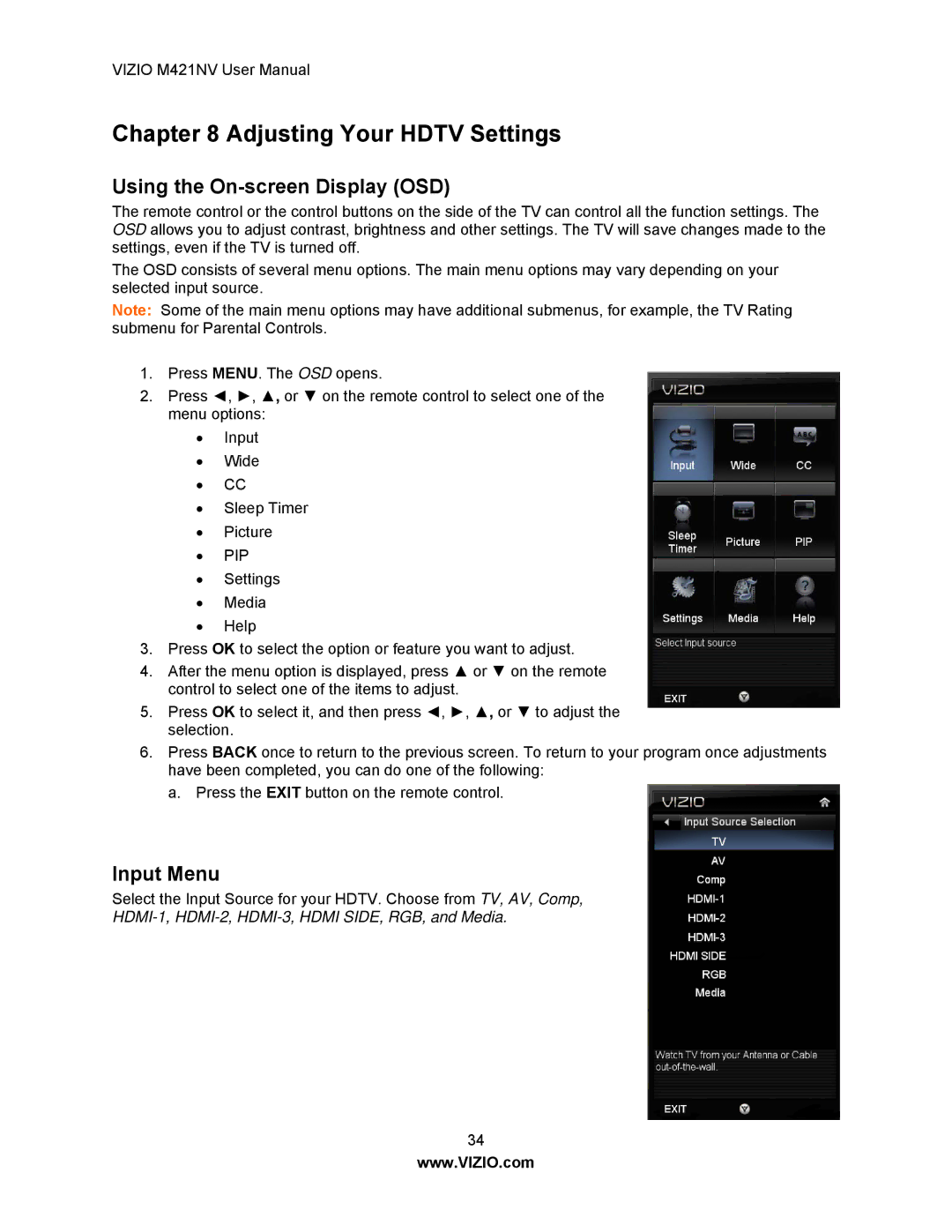 Vizio M421NV manual Using the On-screen Display OSD, Input Menu 