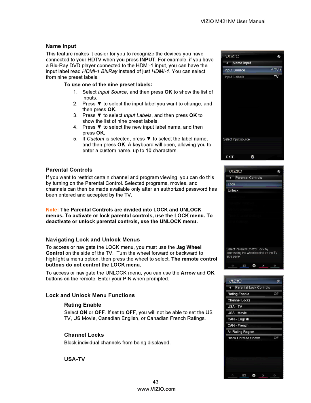 Vizio M421NV manual Name Input, To use one of the nine preset labels 