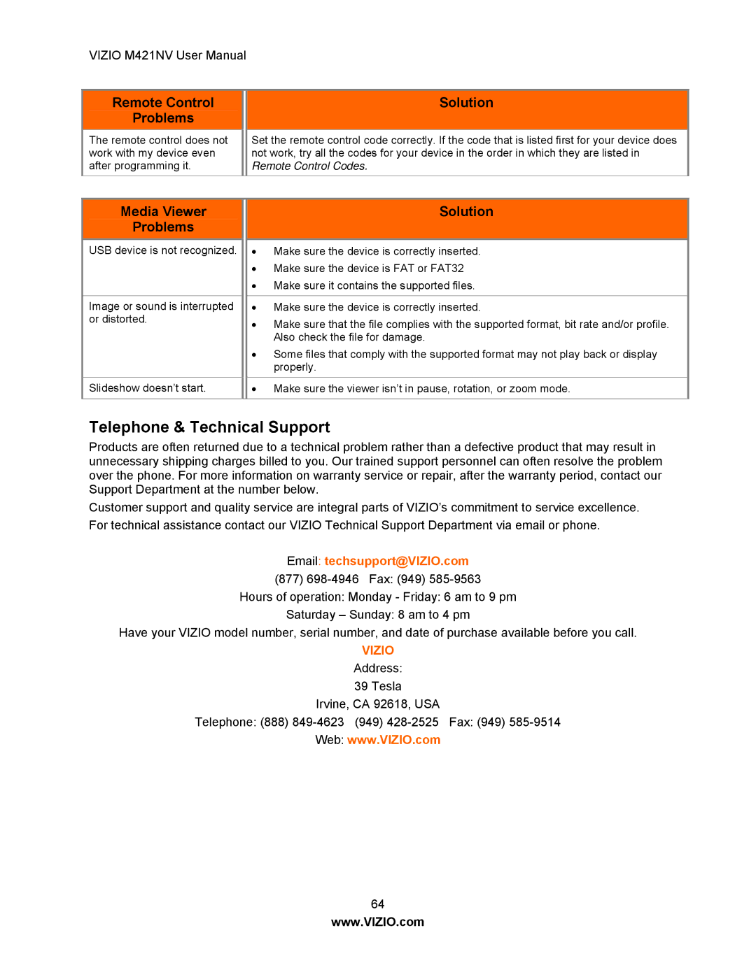 Vizio M421NV manual Telephone & Technical Support, Media Viewer Problems 