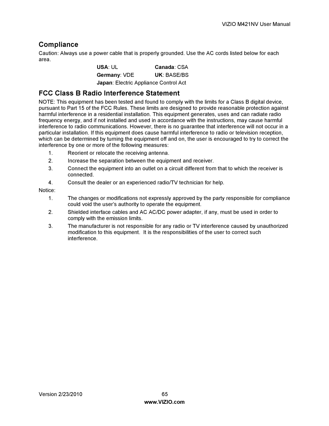 Vizio M421NV manual Compliance, FCC Class B Radio Interference Statement 