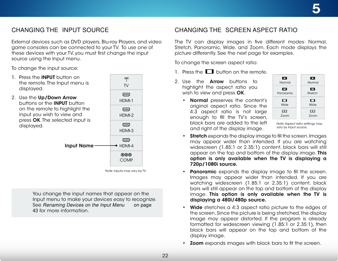 Vizio M422i-B1 user manual Changing the Input Source, Changing the Screen Aspect Ratio 