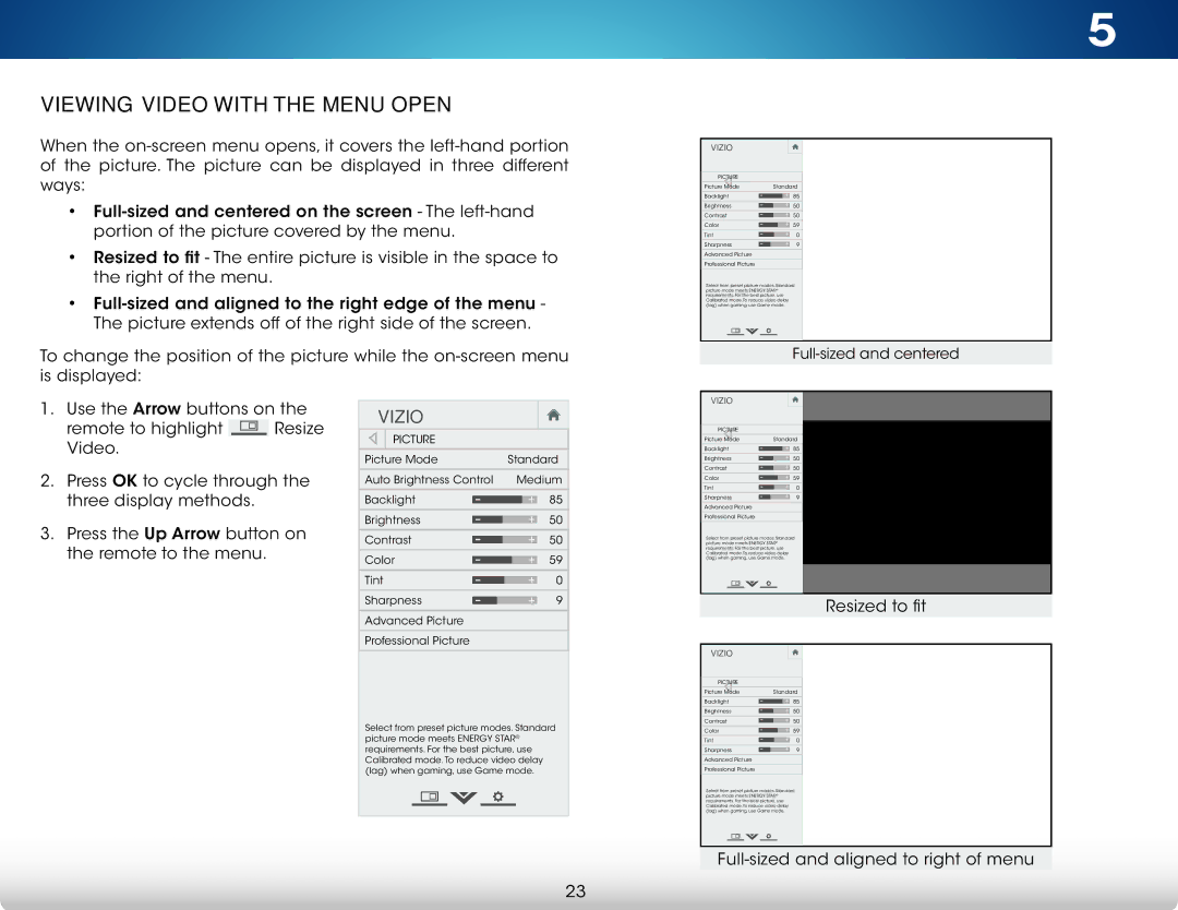 Vizio M422i-B1 user manual Viewing Video with the Menu Open, Vizio 