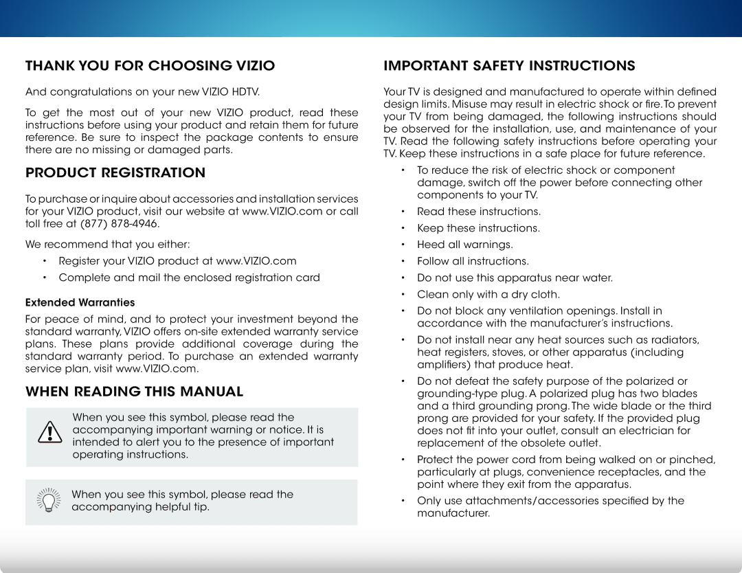 Vizio M422i-B1 Thank You for Choosing Vizio, Product Registration, When Reading this Manual, Important Safety Instructions 