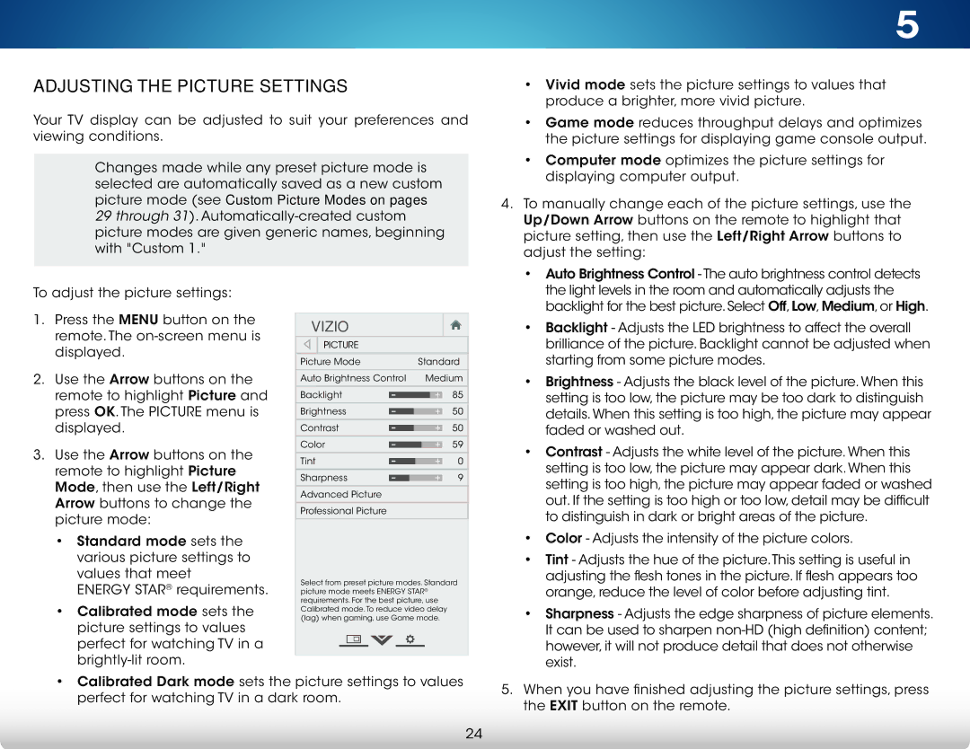 Vizio M422i-B1 user manual Adjusting the Picture Settings 