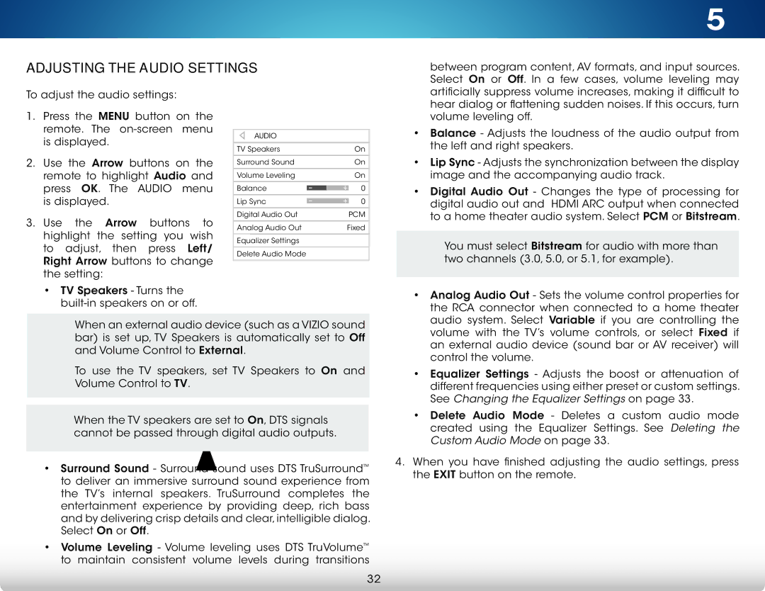 Vizio M422i-B1 user manual Adjusting the Audio Settings, See Changing the Equalizer Settings on 