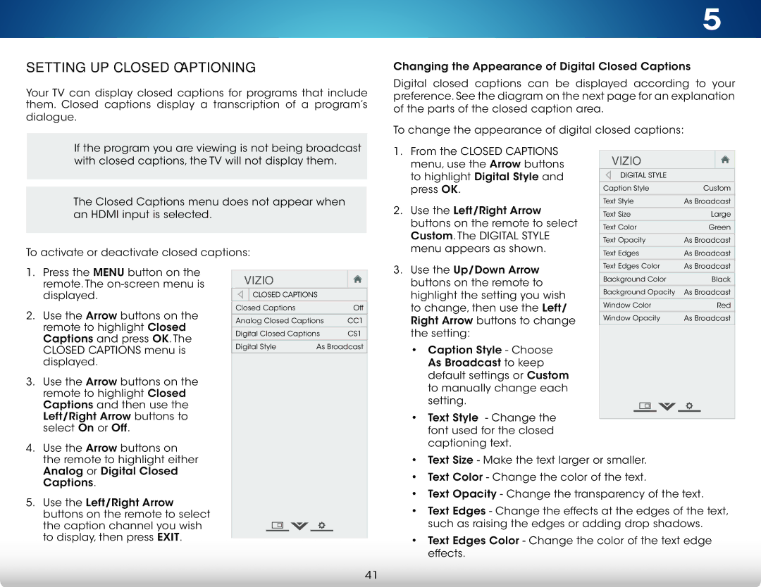 Vizio M422i-B1 user manual Setting Up Closed Captioning 