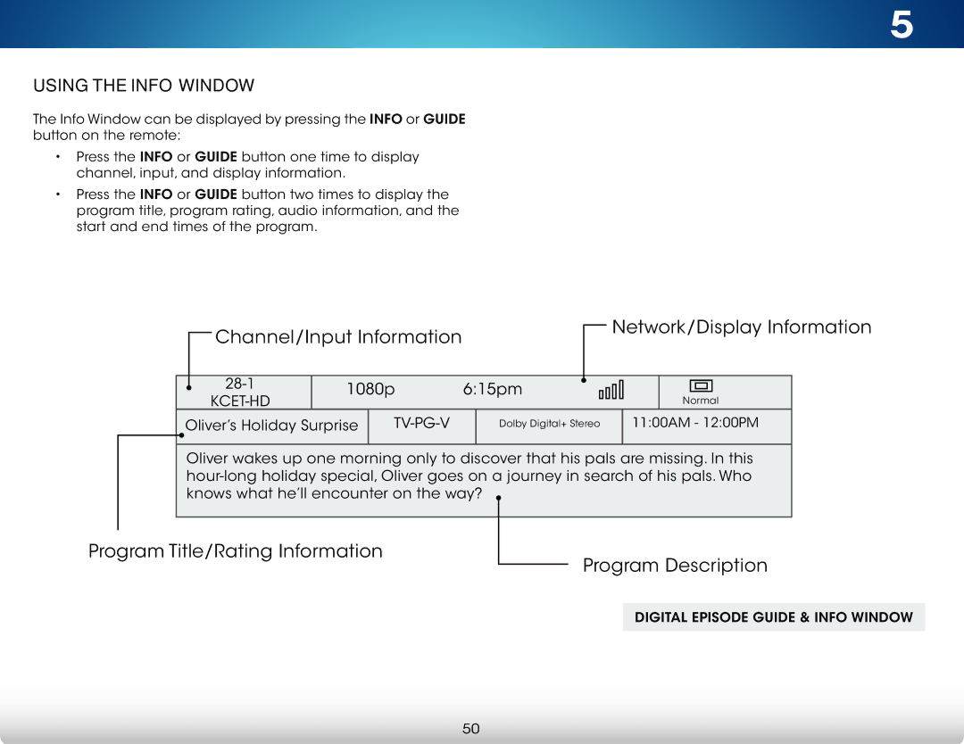 Vizio M422i-B1 user manual Channel/Input Information Network/Display Information, Using the Info Window 