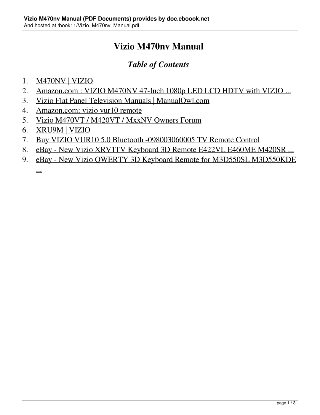 Vizio M470NV manual Vizio M470nv Manual, Table of Contents 