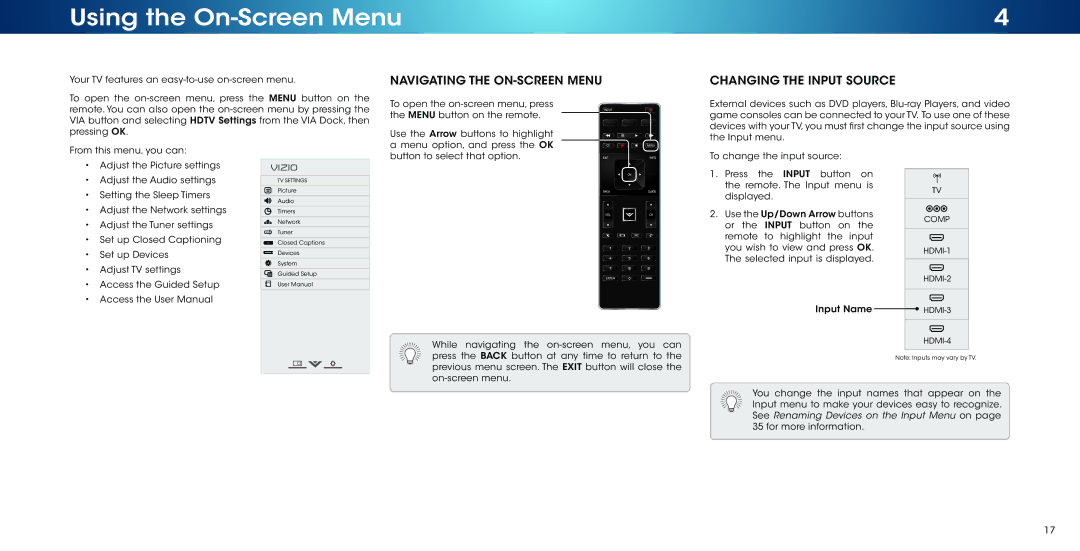 Vizio M502i-B1 user manual Using the On-Screen Menu, Navigating the ON-SCREEN Menu, Changing the Input Source 