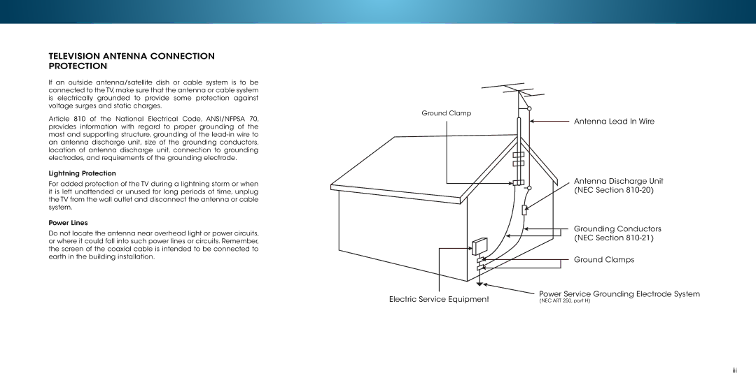 Vizio M502i-B1 user manual Television Antenna Connection Protection 