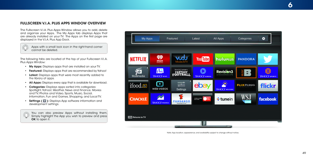 Vizio M502i-B1 user manual Fullscreen V.I.A. Plus Apps Window Overview 