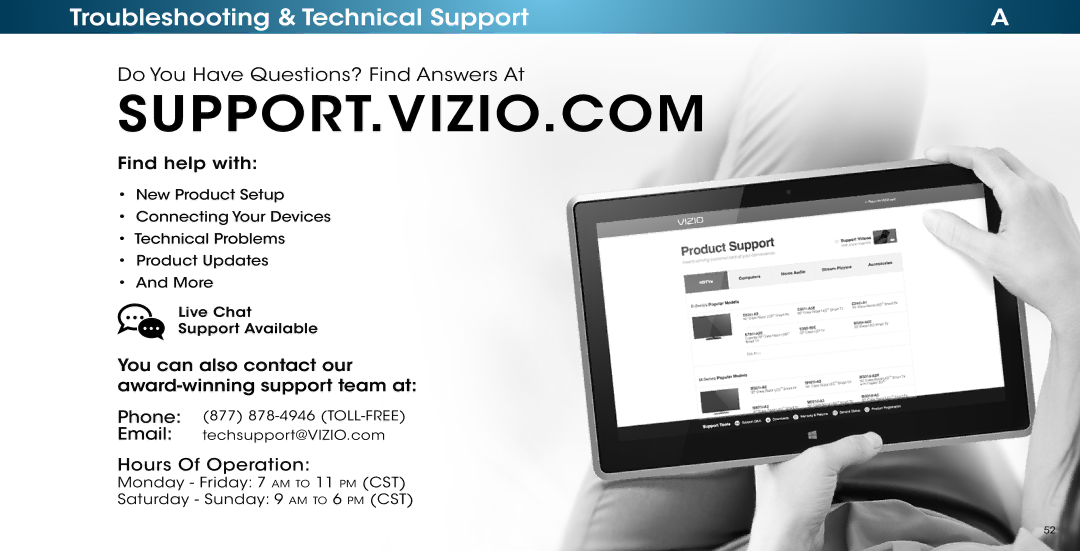 Vizio M502i-B1 user manual Support.Vizio.Com, Troubleshooting & Technical Support 