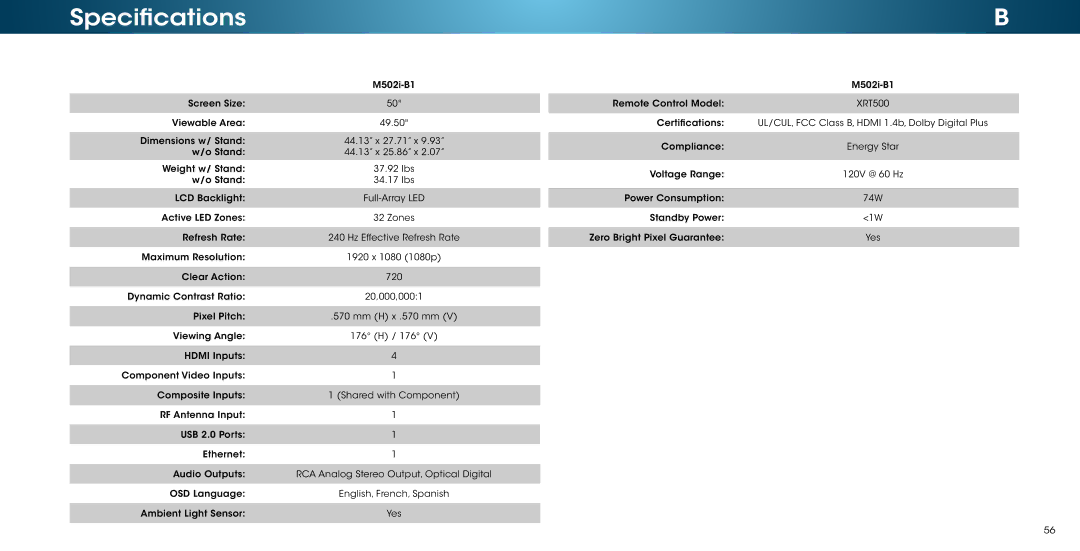 Vizio M502i-B1 user manual Specifications 