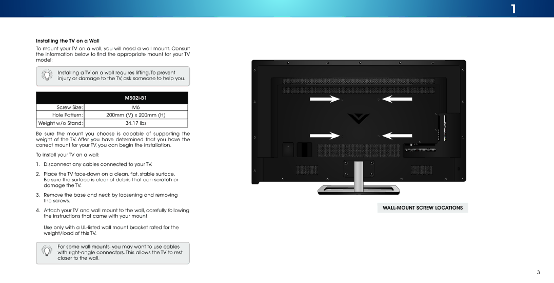 Vizio M502i-B1 user manual WALL-MOUNT Screw Locations 