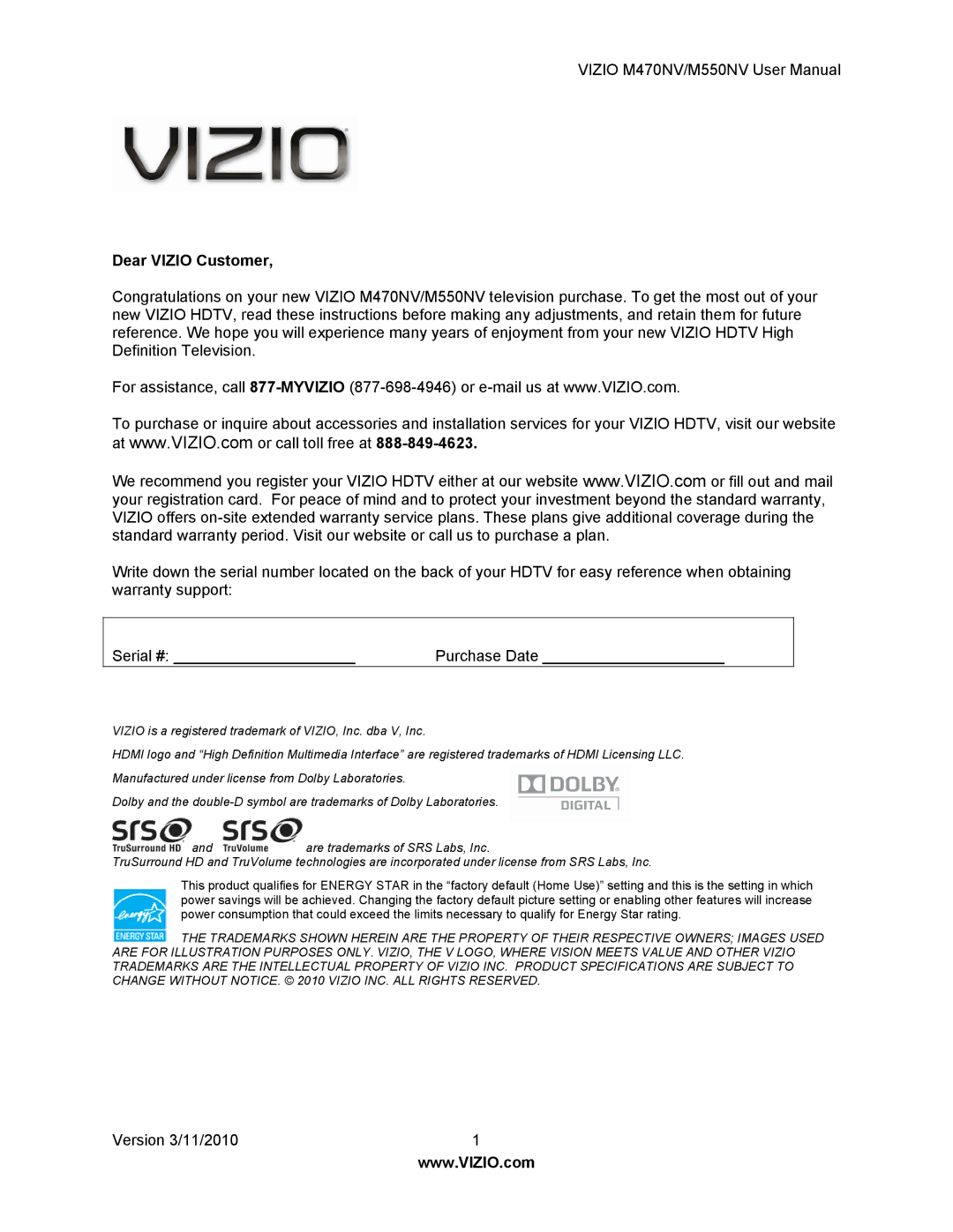 Vizio M470NV, M550NV manual Dear Vizio Customer 