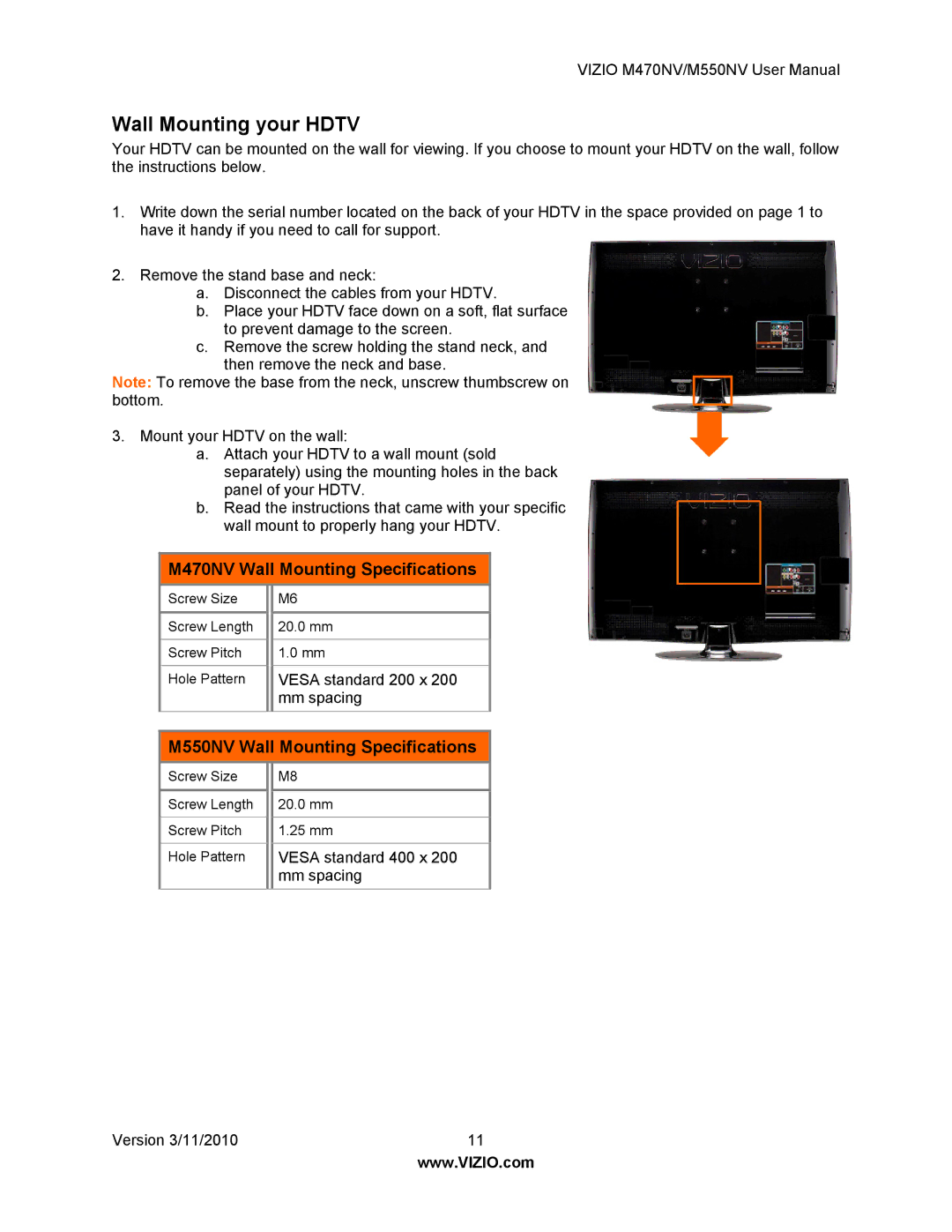 Vizio manual Wall Mounting your Hdtv, M470NV Wall Mounting Specifications, M550NV Wall Mounting Specifications 