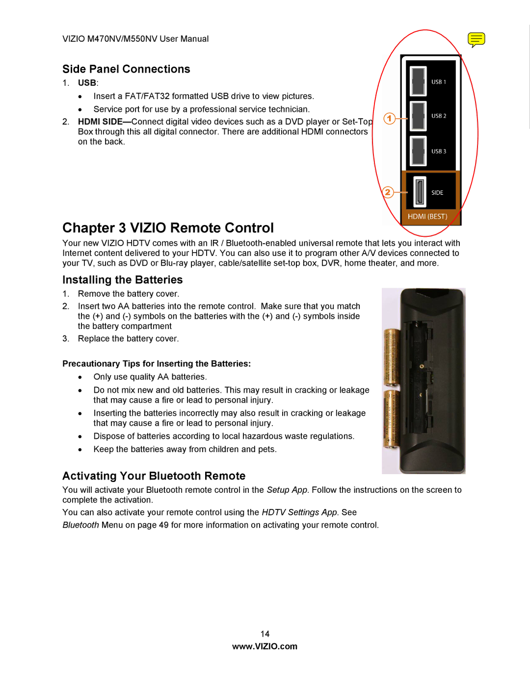 Vizio M550NV, M470NV manual Side Panel Connections, Installing the Batteries, Activating Your Bluetooth Remote, Usb 