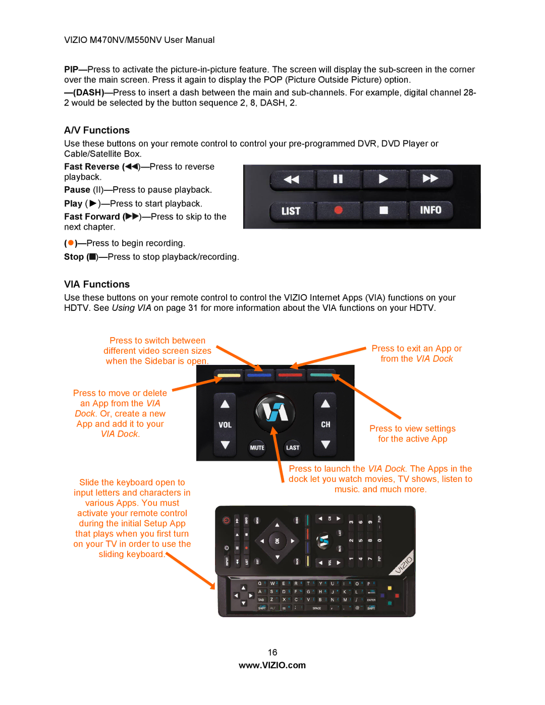 Vizio M550NV, M470NV manual VIA Functions 