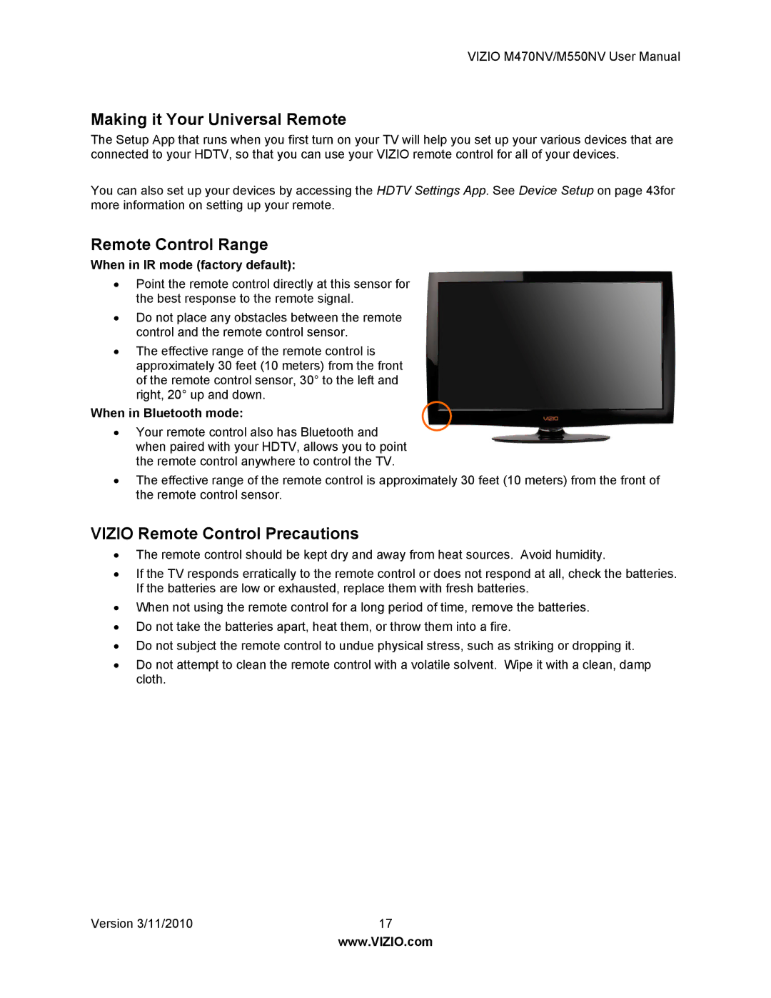 Vizio M470NV, M550NV manual Making it Your Universal Remote, Remote Control Range, Vizio Remote Control Precautions 