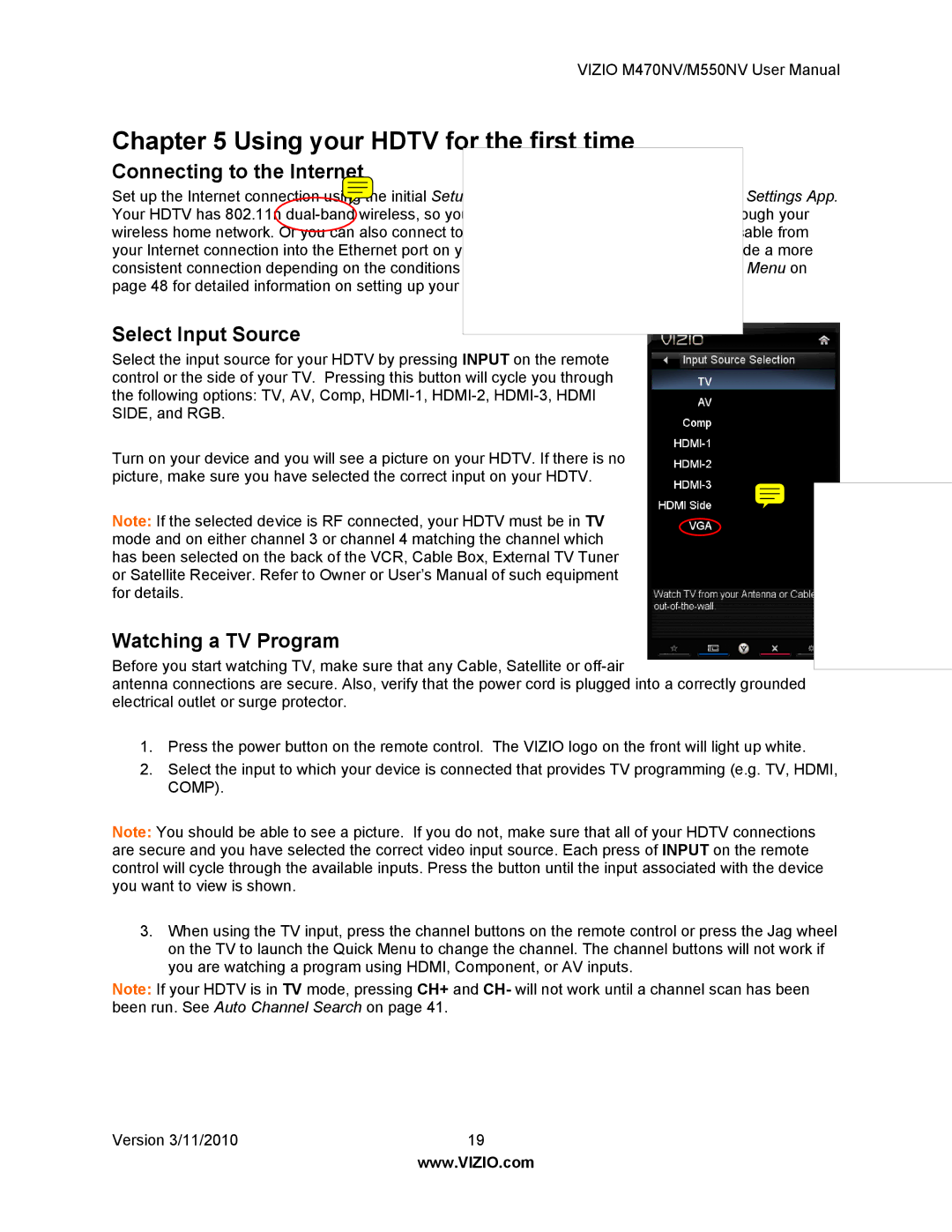 Vizio M470NV, M550NV manual Connecting to the Internet, Select Input Source, Watching a TV Program 