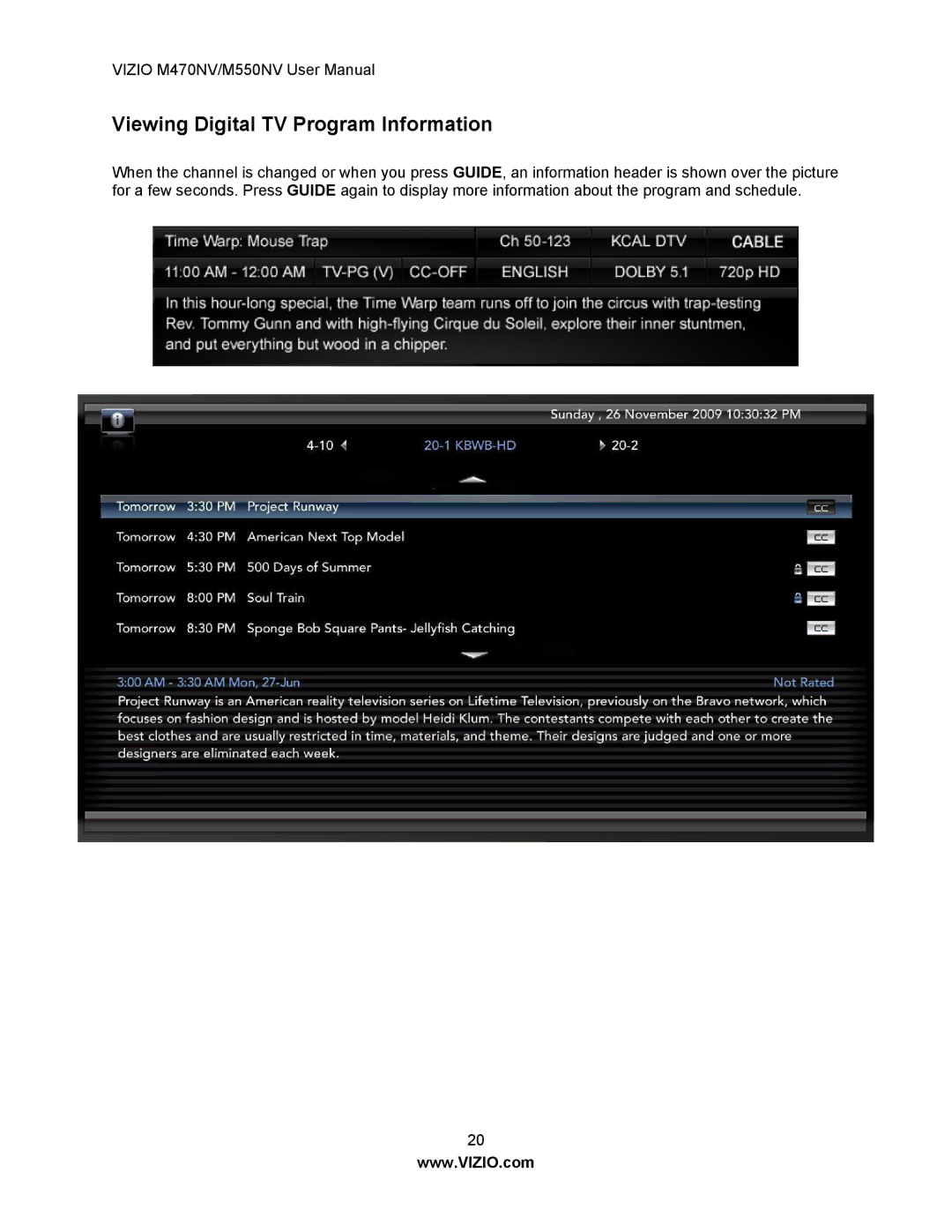 Vizio M550NV, M470NV manual Viewing Digital TV Program Information 