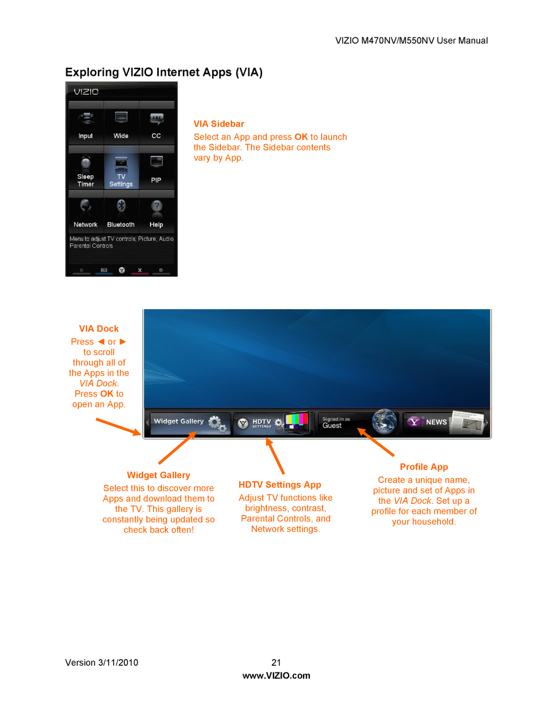 Vizio M470NV, M550NV manual Exploring Vizio Internet Apps VIA, Hdtv Settings App 