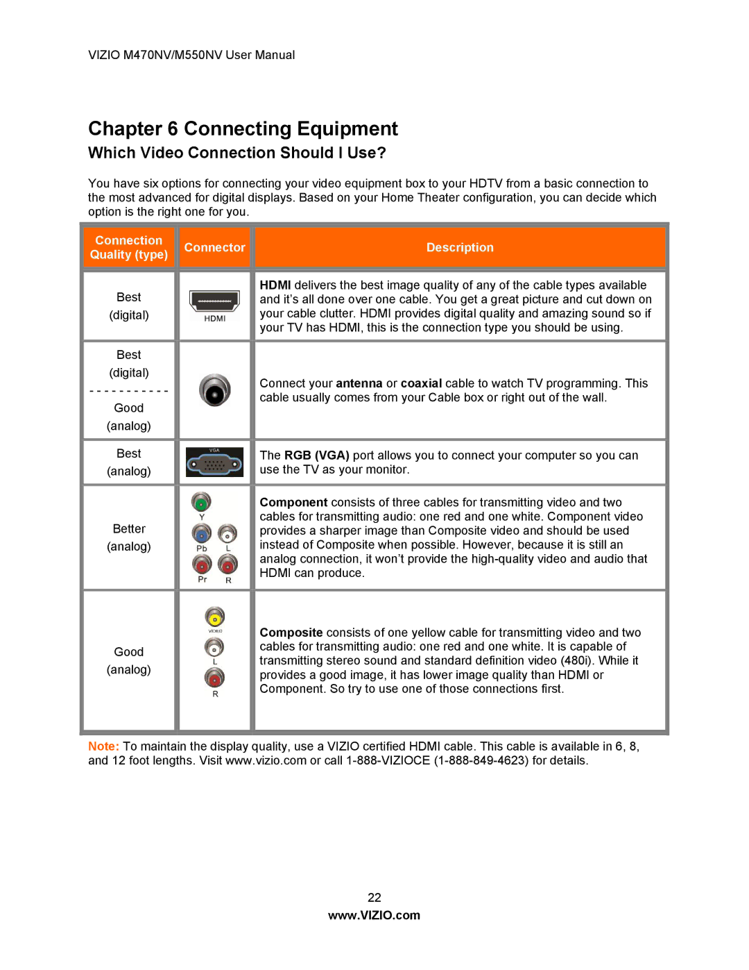 Vizio M550NV, M470NV manual Connecting Equipment, Which Video Connection Should I Use? 