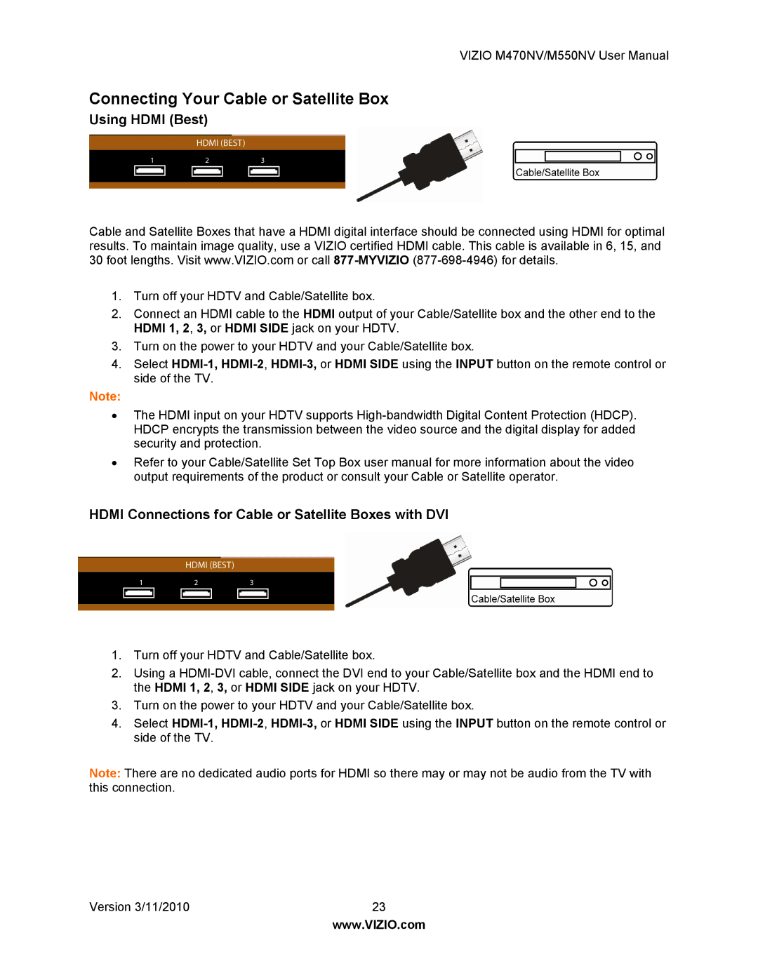 Vizio M470NV, M550NV manual Connecting Your Cable or Satellite Box, Using Hdmi Best 