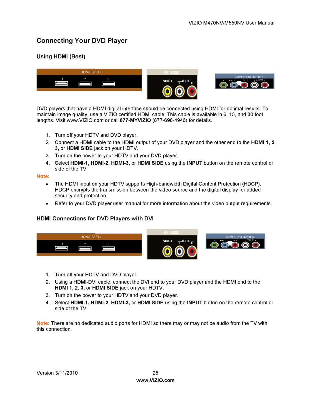 Vizio M470NV, M550NV manual Connecting Your DVD Player, Hdmi Connections for DVD Players with DVI 