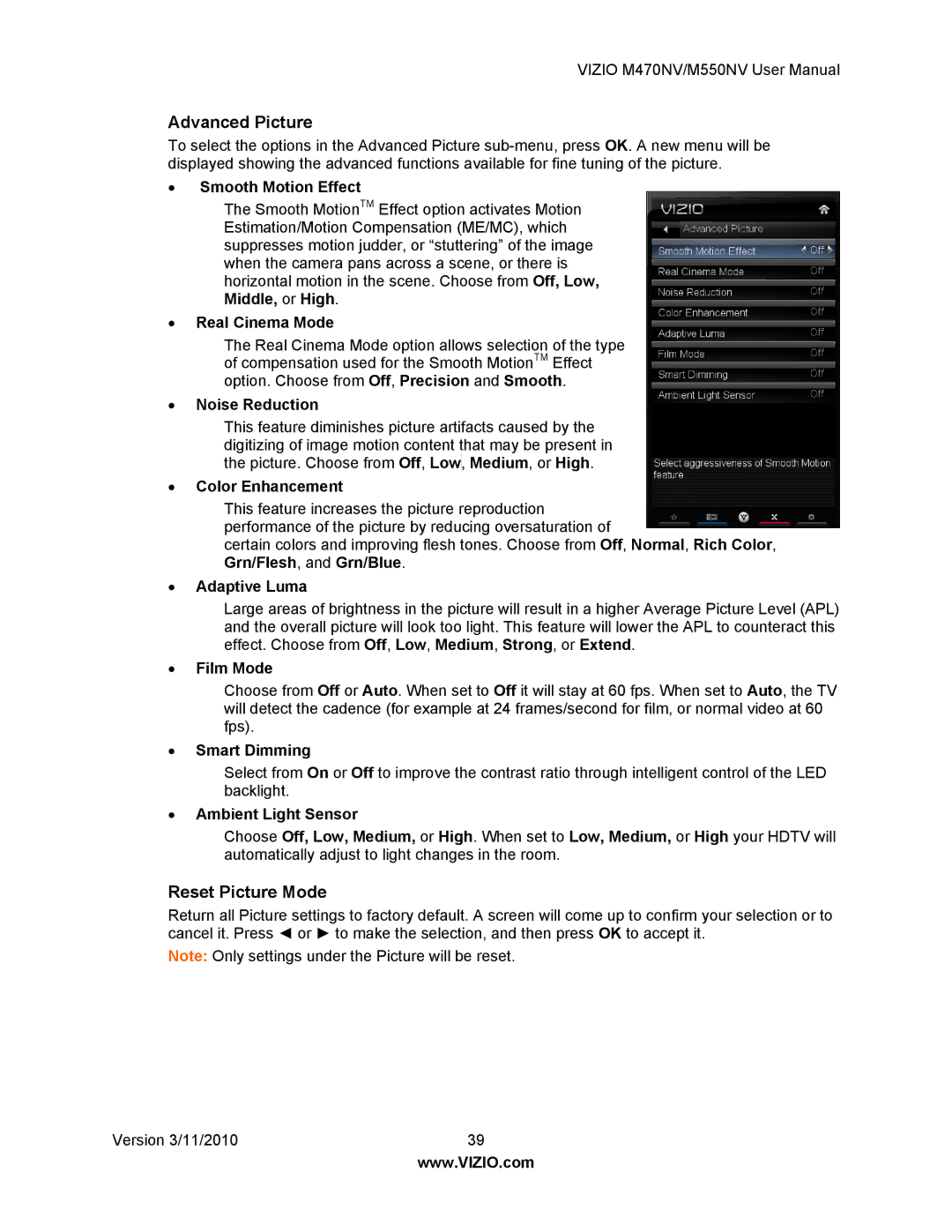 Vizio M470NV, M550NV manual Advanced Picture, Reset Picture Mode 