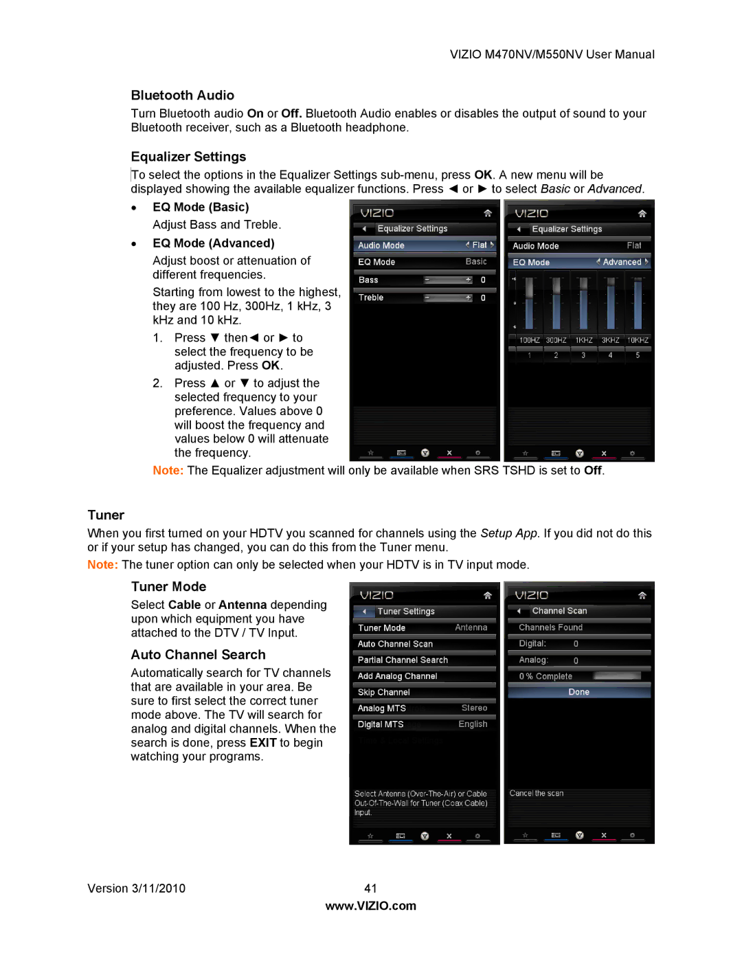 Vizio M470NV, M550NV manual Bluetooth Audio, Equalizer Settings, Tuner Mode, Auto Channel Search 