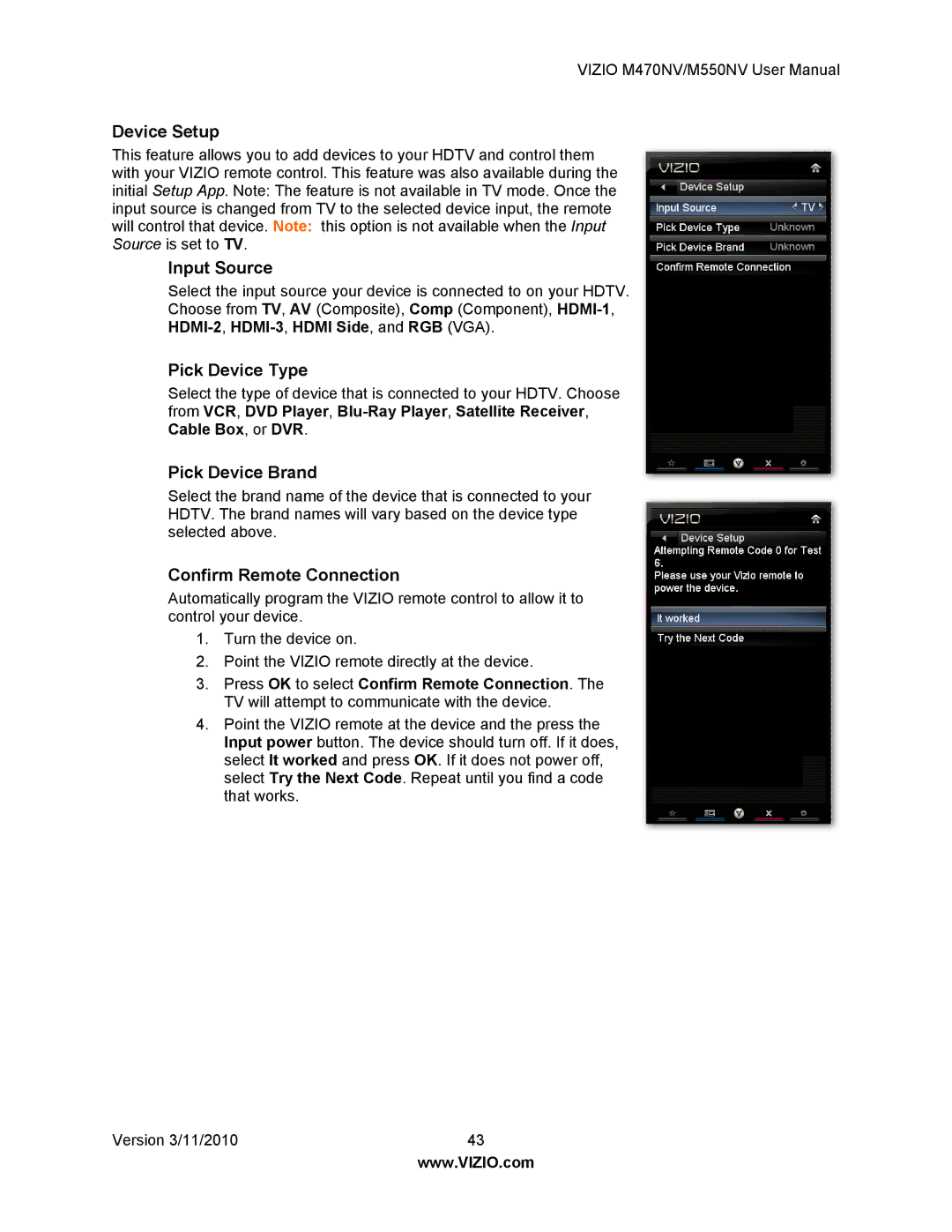 Vizio M470NV, M550NV manual Device Setup, Pick Device Type, Pick Device Brand, Confirm Remote Connection 