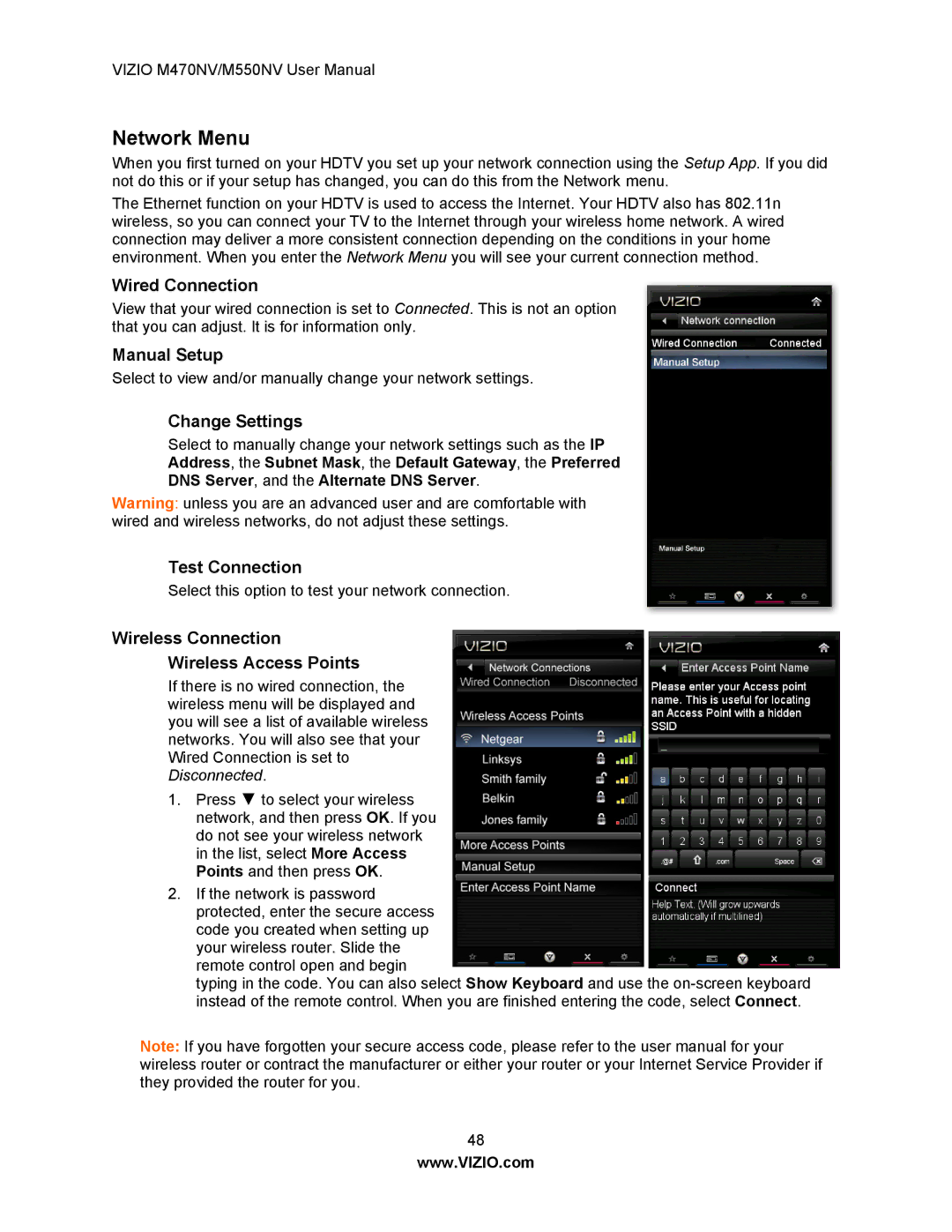 Vizio M550NV, M470NV manual Network Menu 