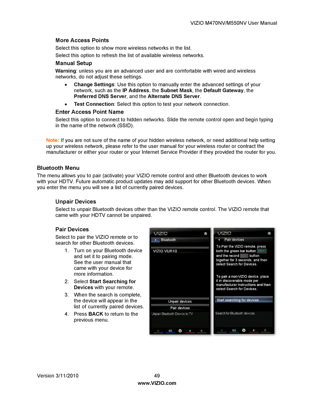 Vizio M470NV, M550NV manual More Access Points, Enter Access Point Name, Bluetooth Menu, Unpair Devices, Pair Devices 