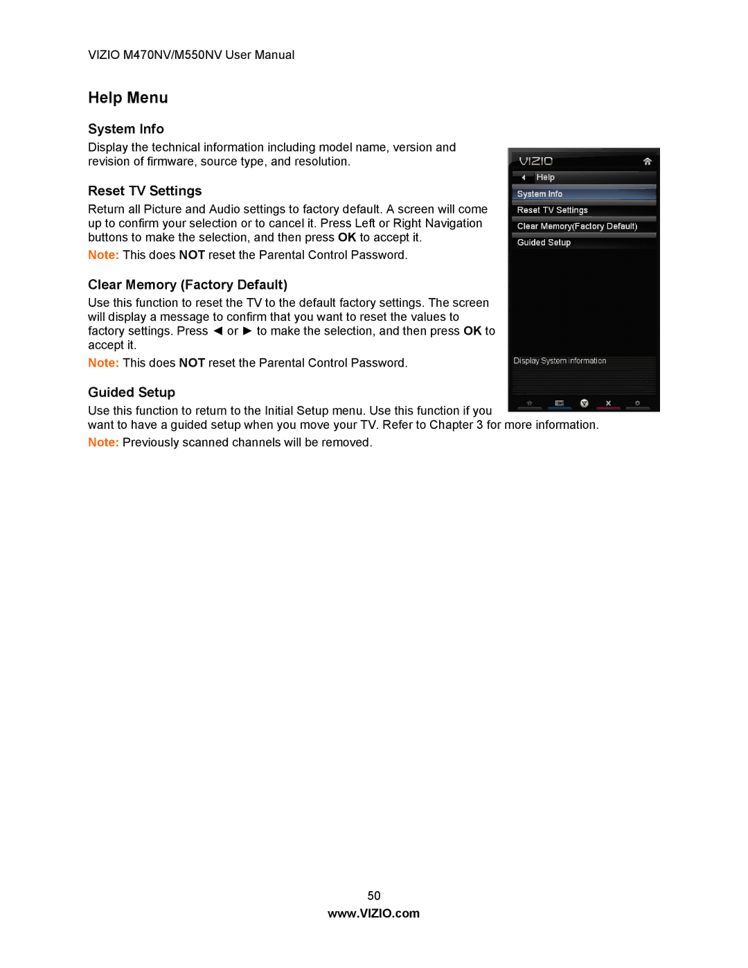 Vizio M550NV, M470NV manual Help Menu, System Info, Reset TV Settings, Clear Memory Factory Default, Guided Setup 