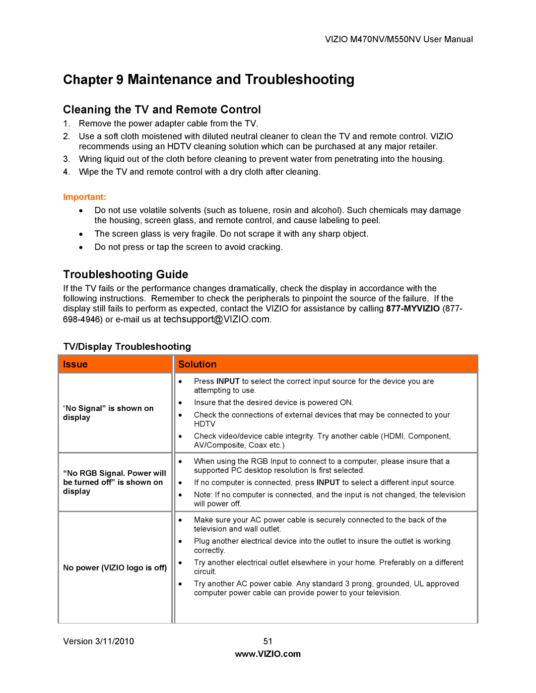 Vizio M470NV, M550NV Cleaning the TV and Remote Control, Troubleshooting Guide, TV/Display Troubleshooting Issue Solution 