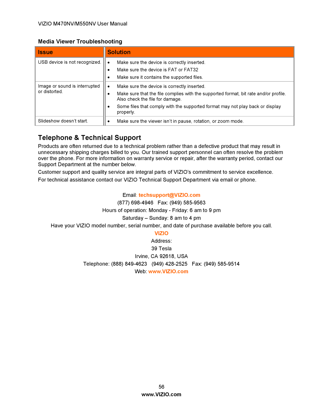 Vizio M550NV, M470NV manual Telephone & Technical Support, Media Viewer Troubleshooting Issue 