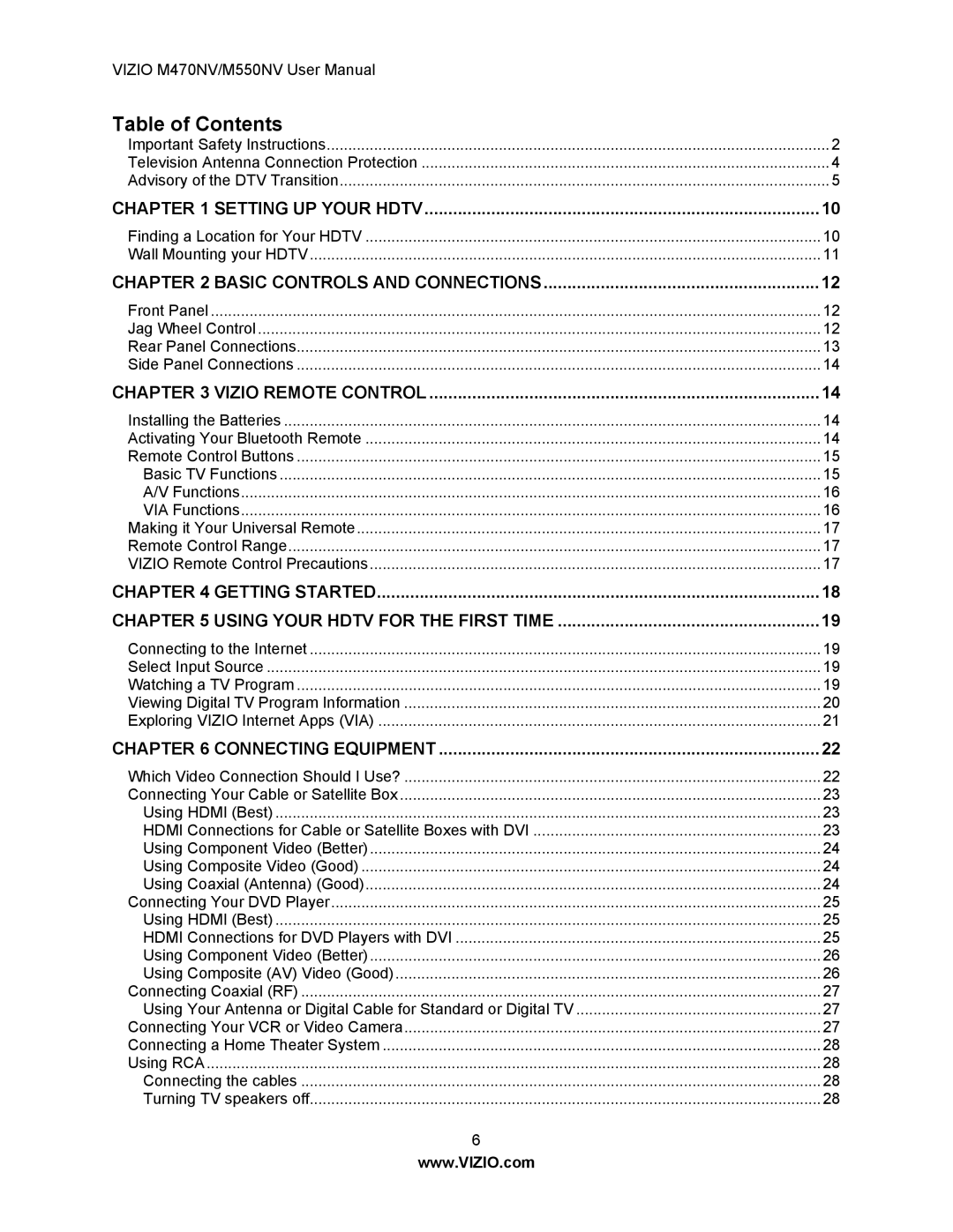 Vizio M550NV, M470NV manual Table of Contents 