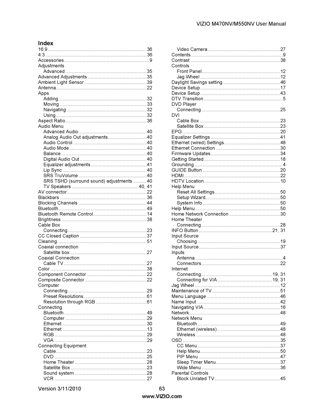 Vizio M470NV, M550NV manual Index, Epg 