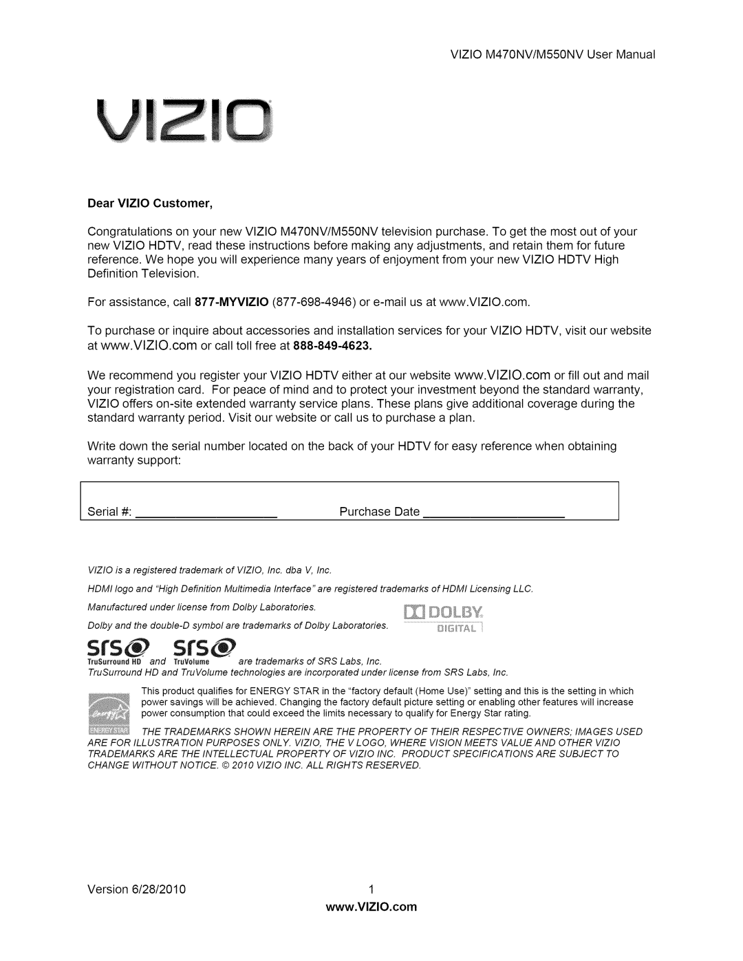 Vizio M550NV user manual Serial#PurchaseDate 