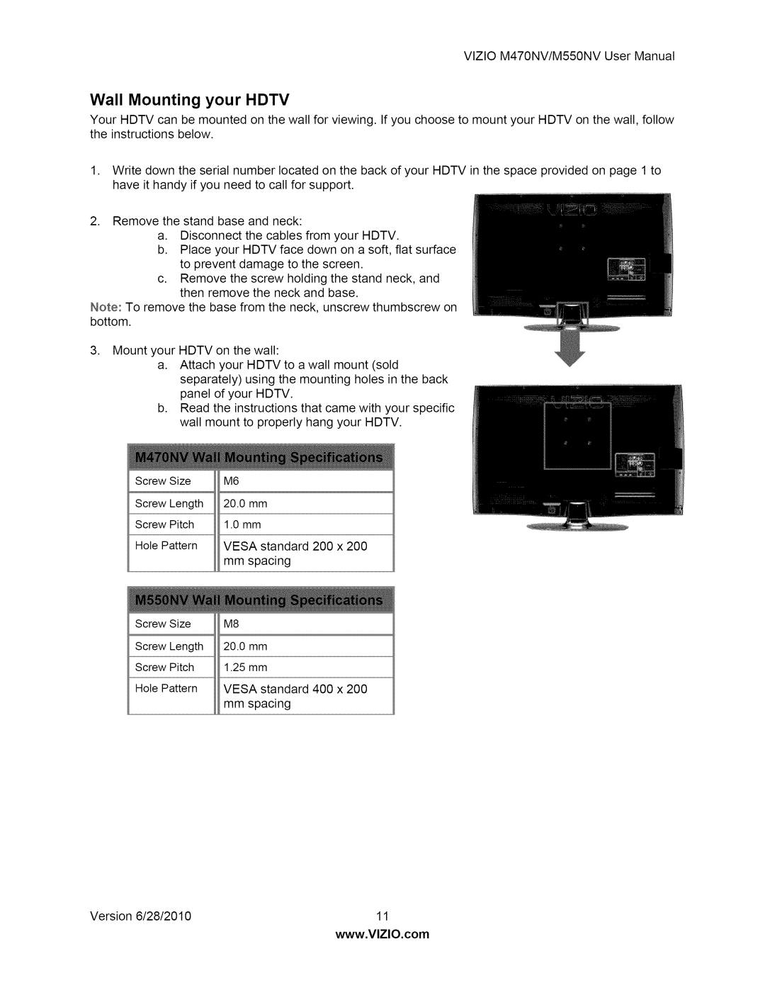 Vizio M550NV user manual Wall Mounting your Hdtv 