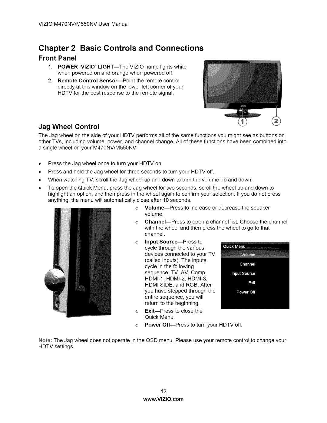 Vizio M550NV user manual Front Panel, Jag Wheel Control 