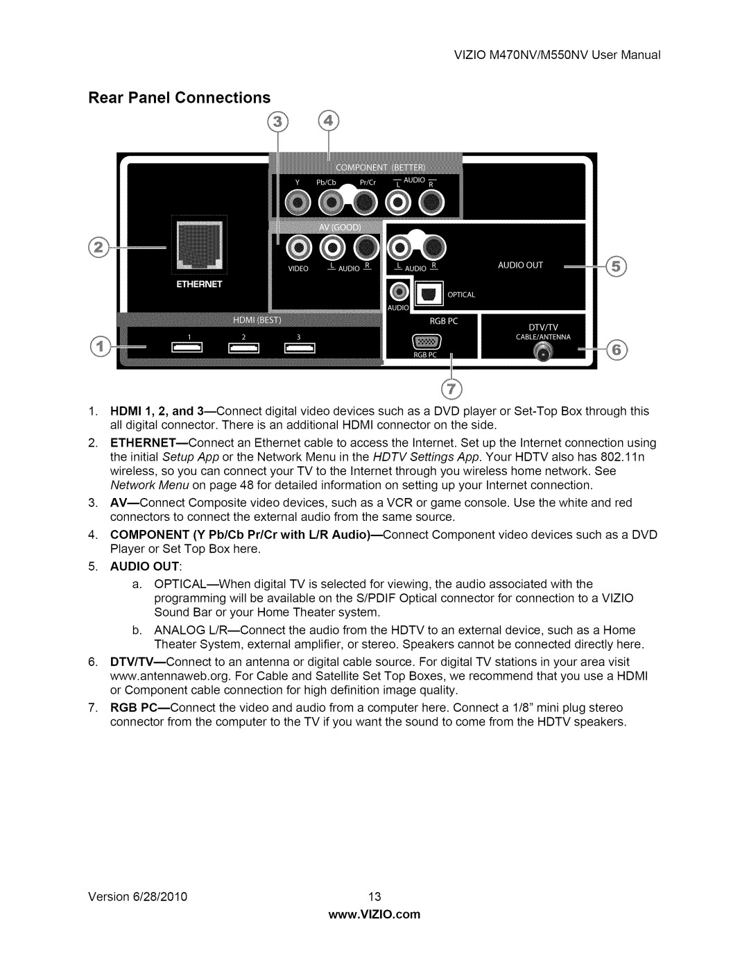 Vizio M550NV user manual Rear Panel Connections, Audio OUT 