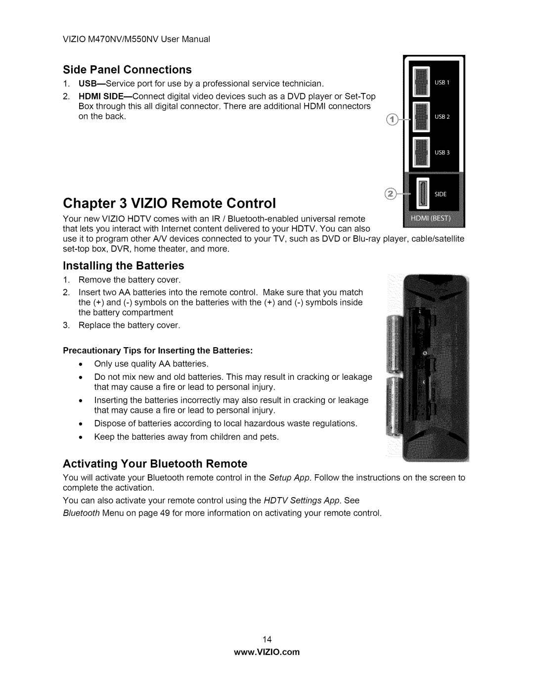 Vizio M550NV user manual Side Panel Connections, Installing the Batteries, Activating Your Bluetooth Remote 