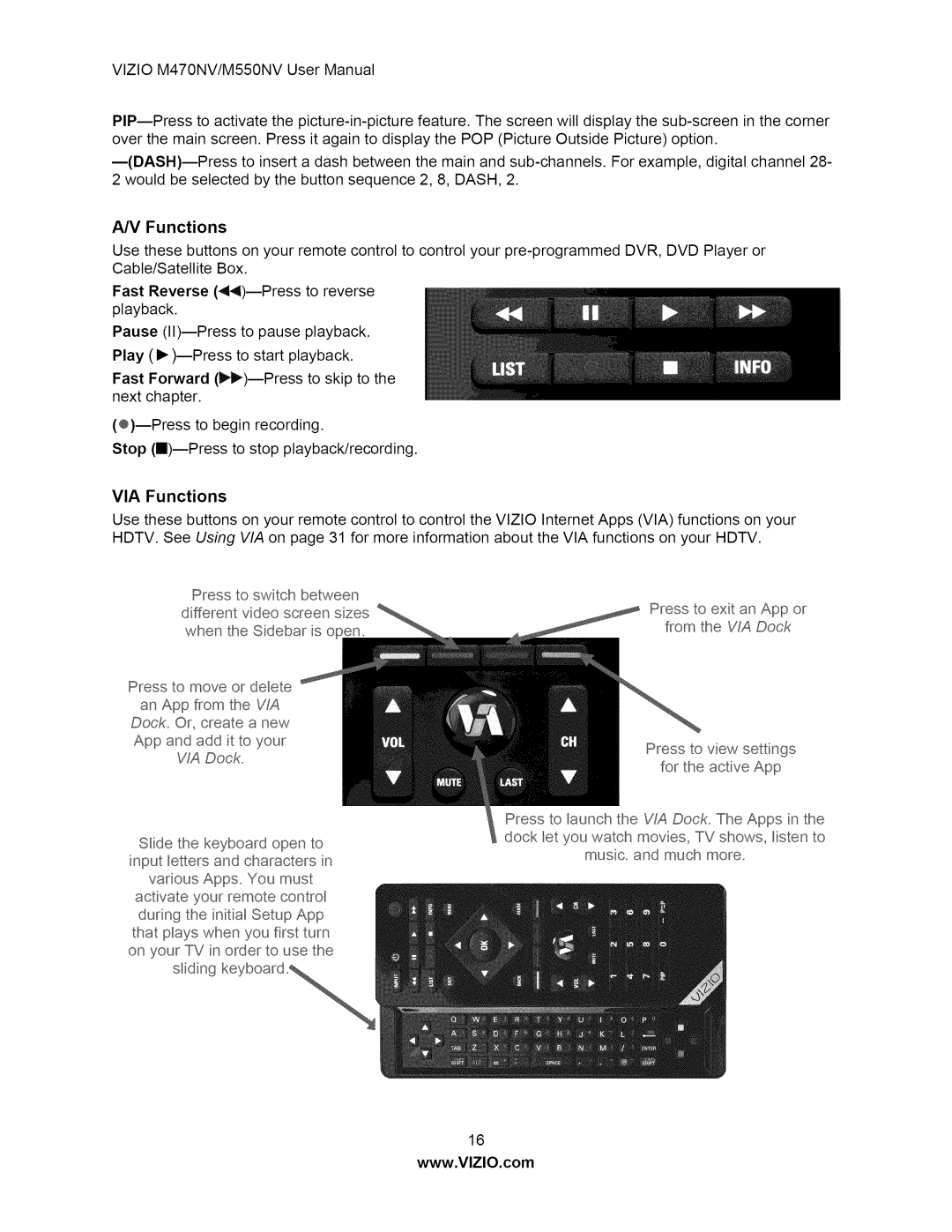 Vizio M550NV user manual AN Functions, VIA Functions 