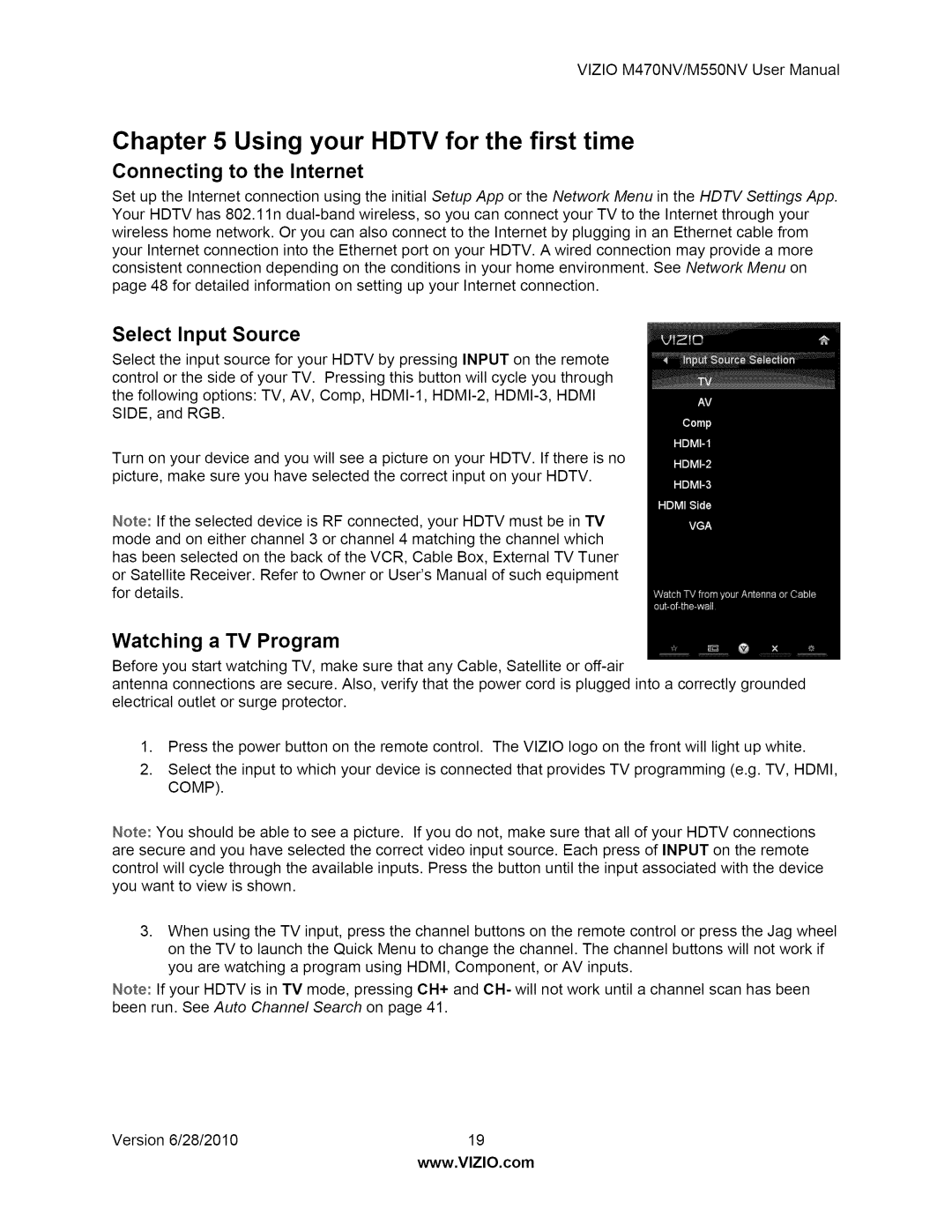 Vizio M550NV user manual Connecting to the Internet, Select Input Source, Watching a TV Program 