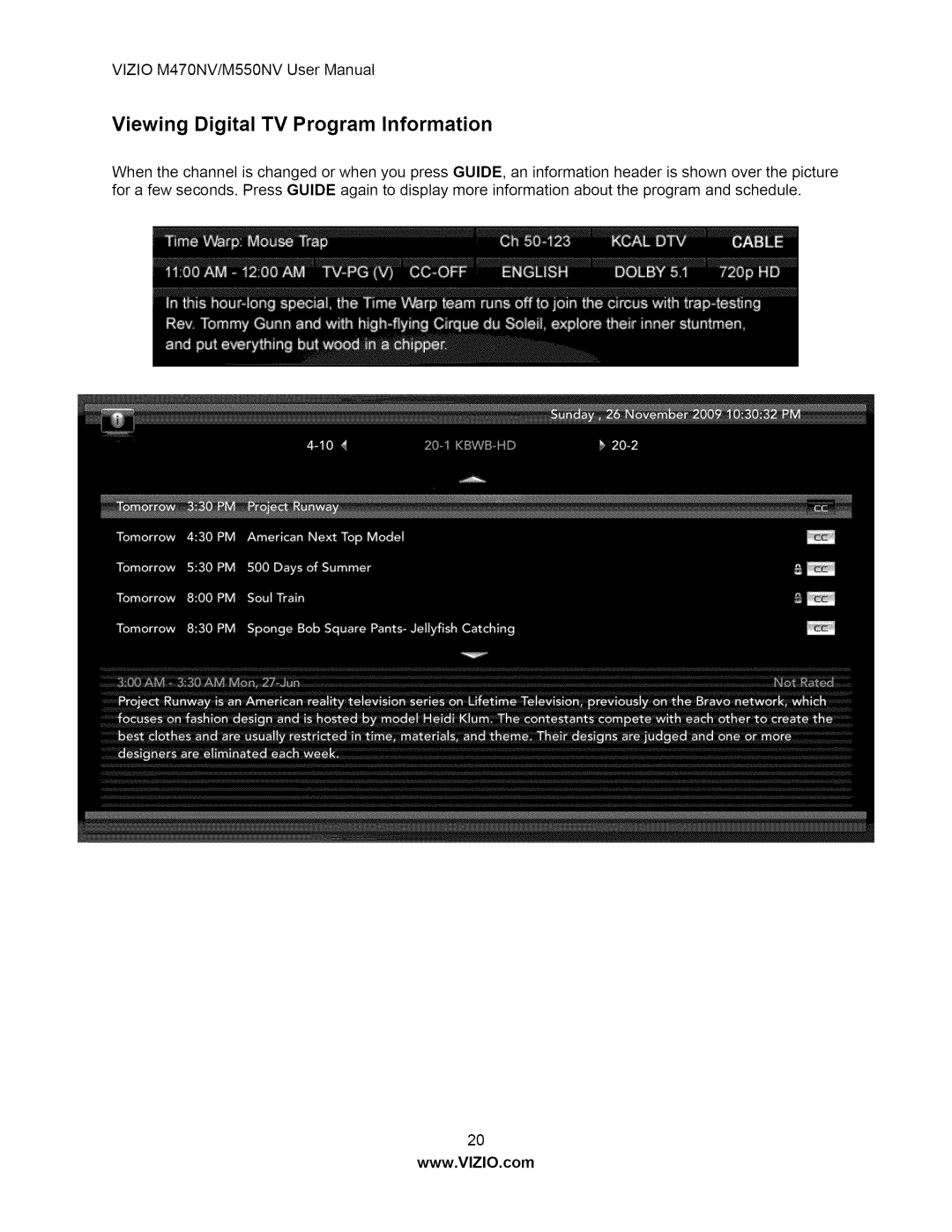 Vizio M550NV user manual Viewing Digital TV Program Information 