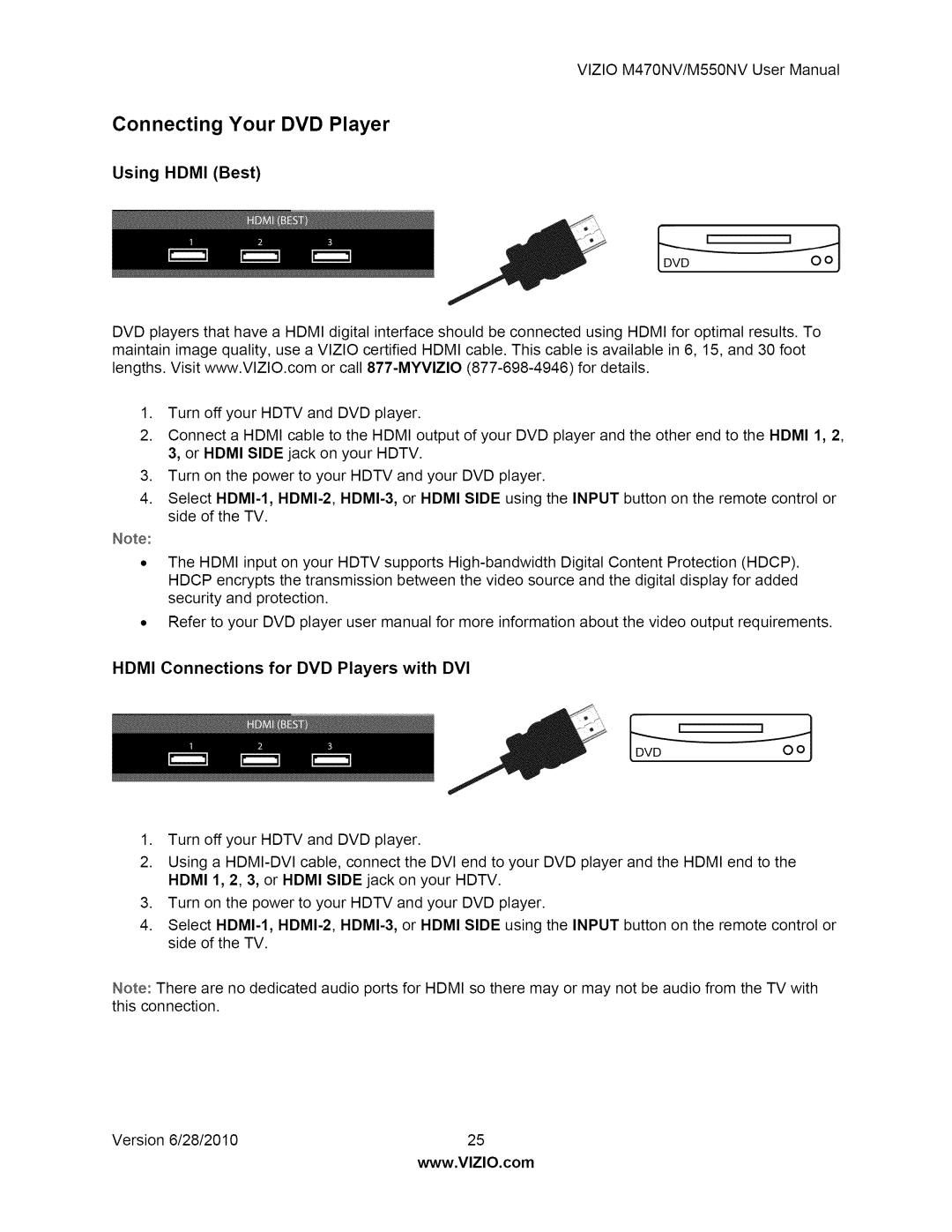 Vizio M550NV user manual Connecting Your DVD Player, Hdmi Connections for DVD Players with DVI 