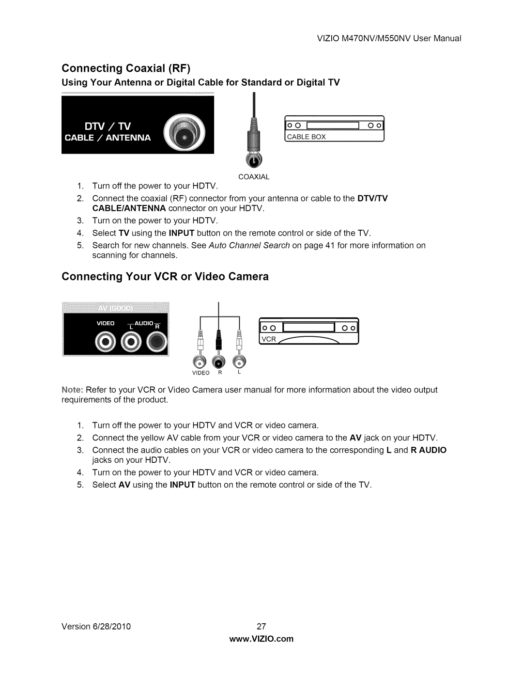 Vizio M550NV user manual Connecting Coaxial RF, Connecting Your VCR or Video Camera 