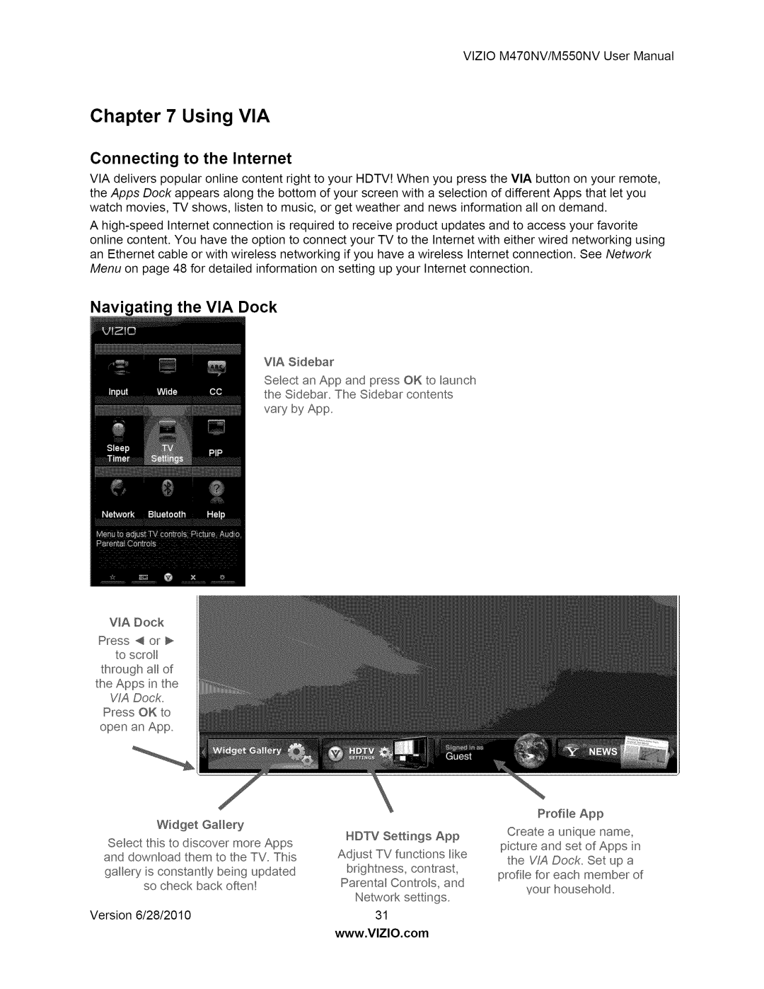 Vizio M550NV user manual Using VIA, Navigating the VIA Dock 